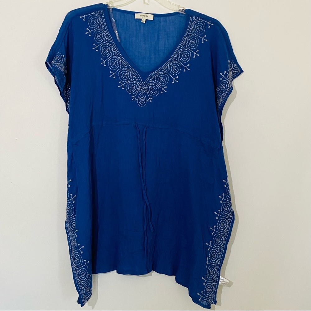 Umgee Kaftan/Dress cover up blue w/white embroidery drawstring waist size L Boho